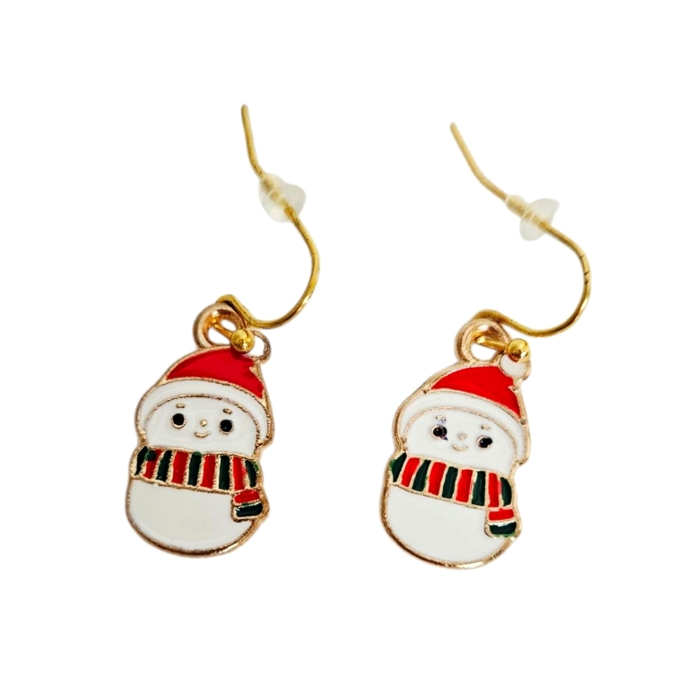 Snowman Christmas Dangle Earrings Enamel Holiday Winter Festive Jewelry - Picture 3 of 5